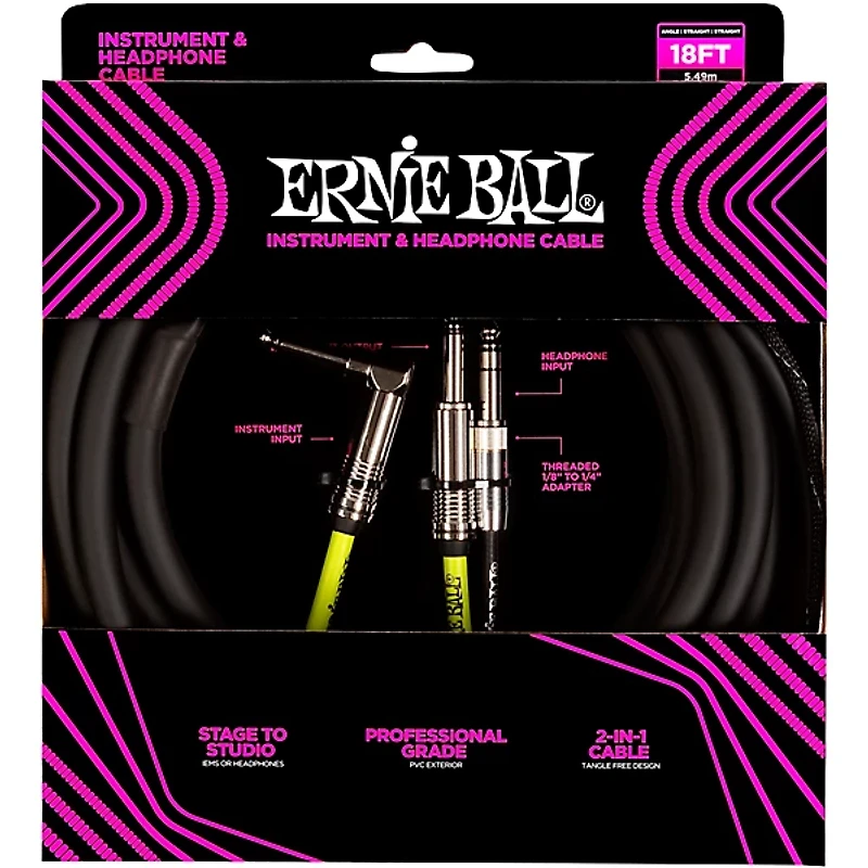 Ernie Ball Instrument and Headphone Cable 18 ft. Black