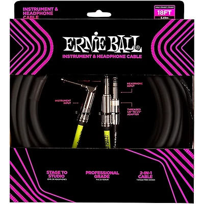 Ernie Ball Instrument and Headphone Cable 18 ft. Black