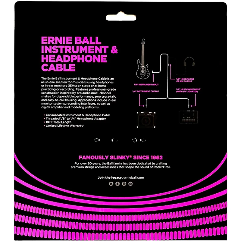 Ernie Ball Instrument and Headphone Cable 18 ft. Black