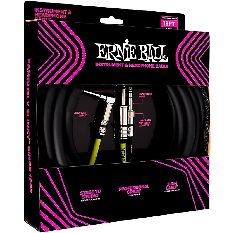 Ernie Ball Instrument and Headphone Cable 18 ft. Black