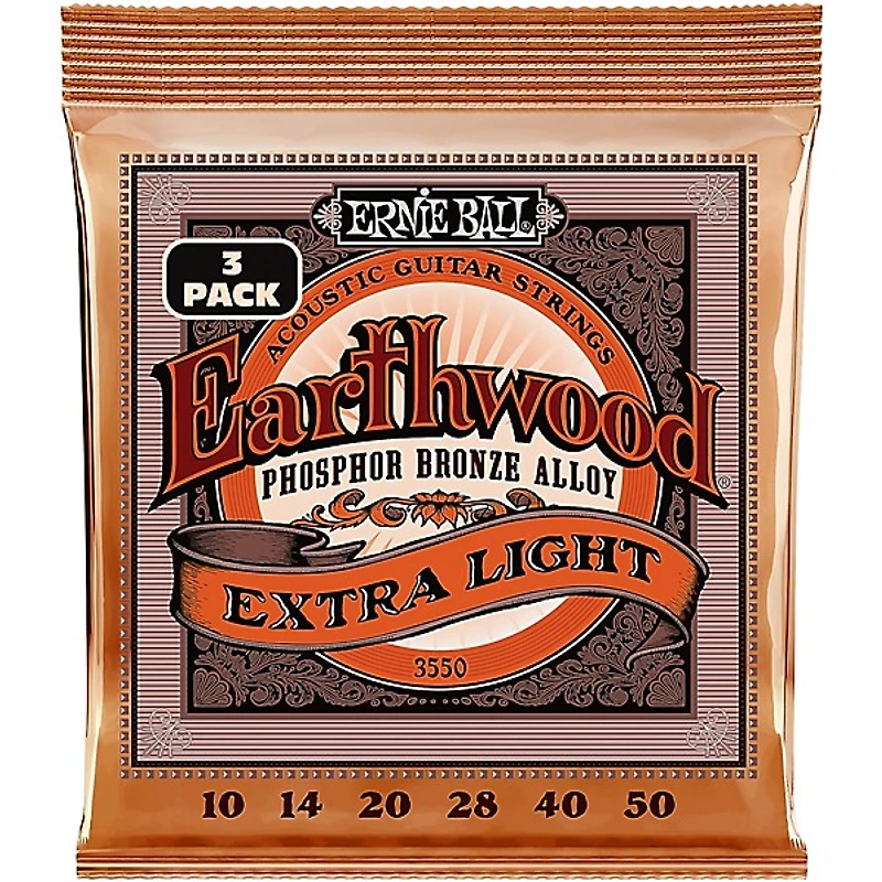 Ernie Ball Earthwood Extra Light Phosphor Bronze Acoustic Guitar Strings 3 Pack 10 - 50