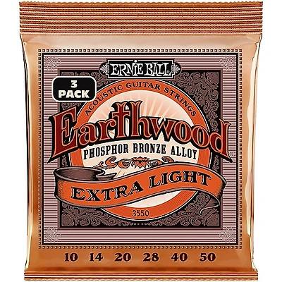 Ernie Ball Earthwood Extra Light Phosphor Bronze Acoustic Guitar Strings 3 Pack 10 - 50