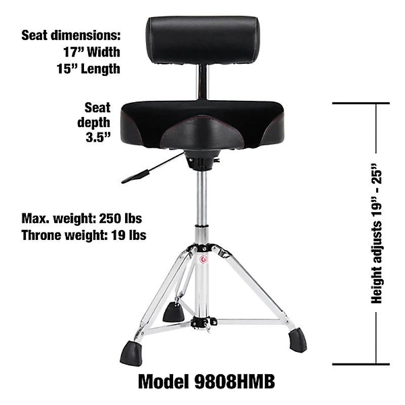 Gibraltar Hydraulic 16 in. Cordura Saddle Drum Throne with Backrest