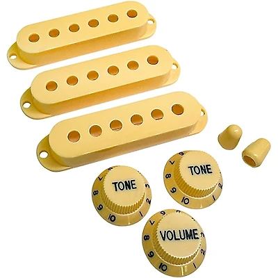 AxLabs Set Of Single Coil Pickup Covers In Vintage Spacing (52mm), Two Switch Tips, And Three Knobs (Black Lettering)