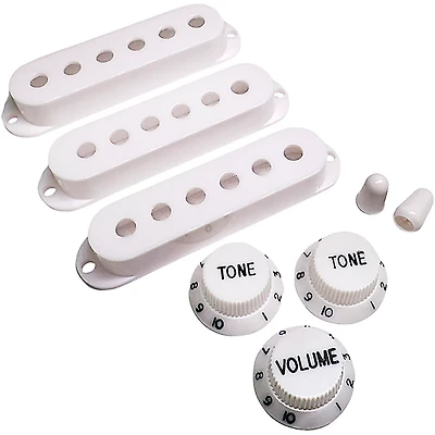 AxLabs Set Of Single Coil Pickup Covers In Vintage Spacing (52mm), Two Switch Tips, And Three Knobs (Black Lettering)