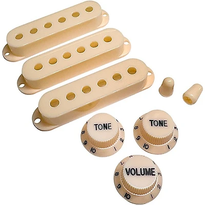 AxLabs Set Of Single Coil Pickup Covers In Modern Spacing (52/50/48), Two Switch Tips, And Three Knobs (Black Lettering)