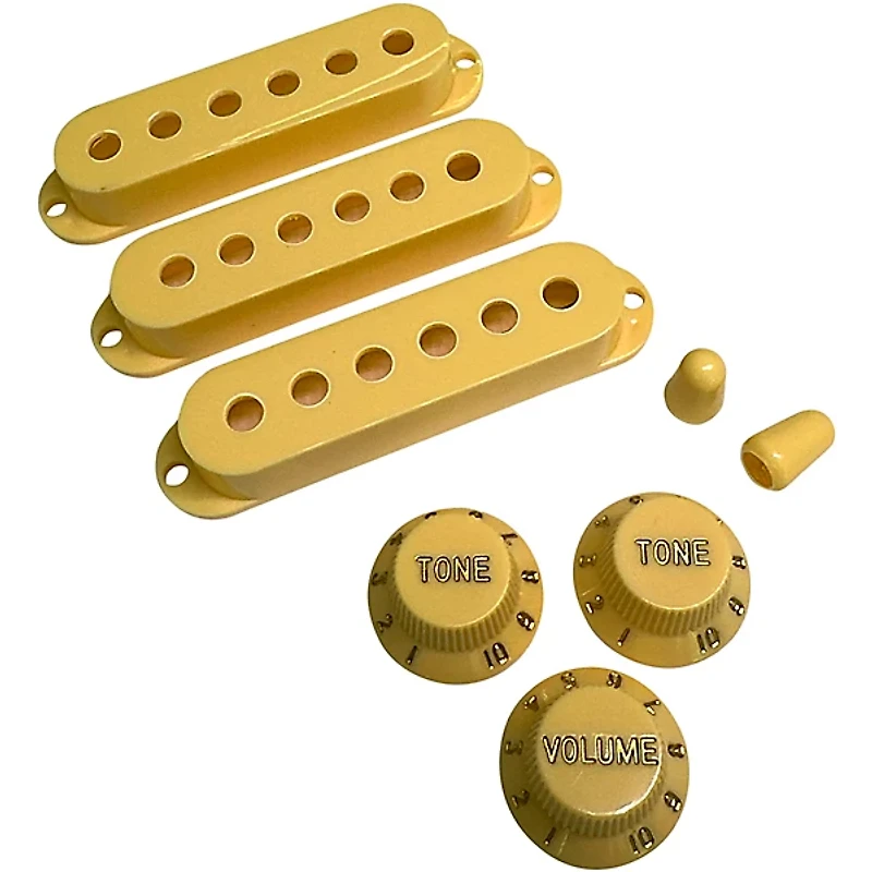 AxLabs Set Of Single Coil Pickup Covers In Modern Spacing (52/50/48), Two Switch Tips, And Three Knobs (Gold Lettering)