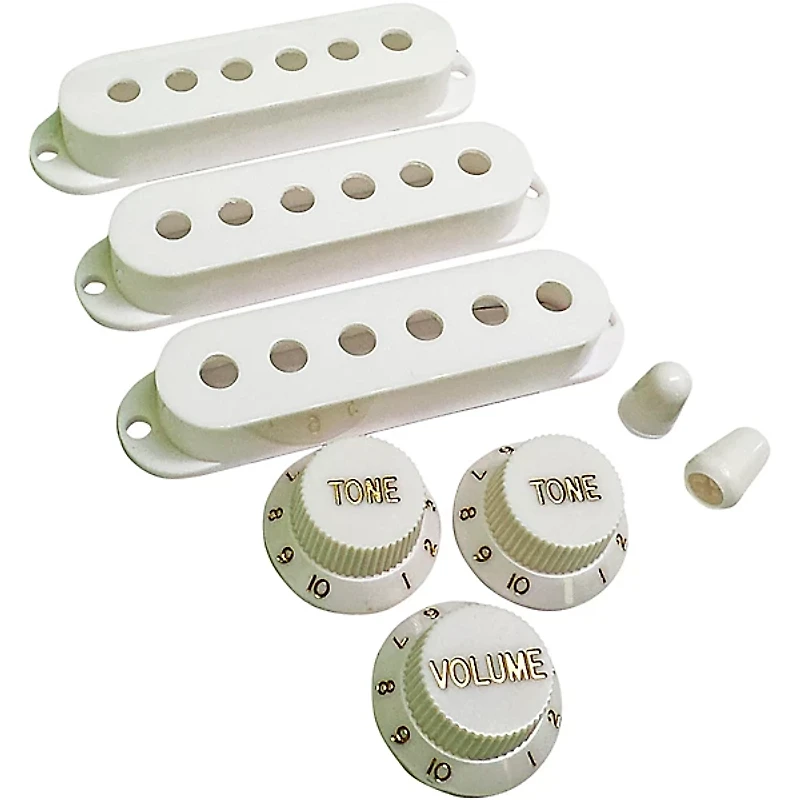 AxLabs Set Of Single Coil Pickup Covers In Modern Spacing (52/50/48), Two Switch Tips, And Three Knobs (Gold Lettering)