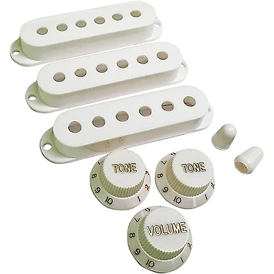 AxLabs Set Of Single Coil Pickup Covers In Modern Spacing (52/50/48), Two Switch Tips, And Three Knobs (Gold Lettering)