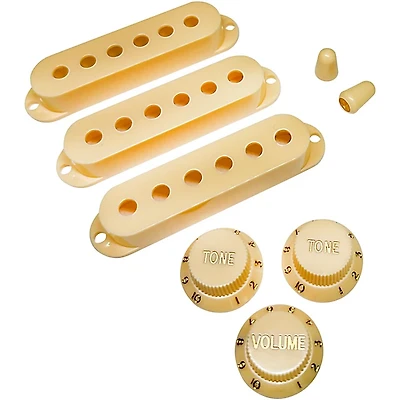 AxLabs Set Of Single Coil Pickup Covers In Modern Spacing (52/50/48), Two Switch Tips, And Three Knobs (Gold Lettering)