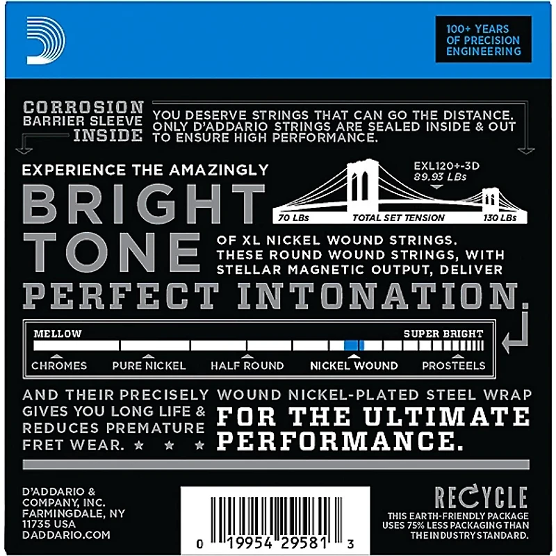 D'Addario EXL120+-3D Nickel Wound Super Light Plus Electric Guitar Strings 3-Pack 9.5 - 44