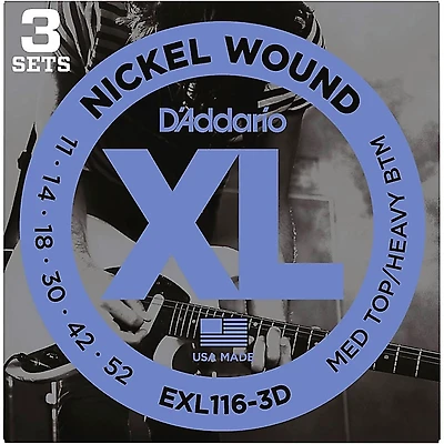 D'Addario EXL116-3D Nickel Wound Medium Top/Heavy Bottom Electric Guitar Strings 3-Pack 11 - 52
