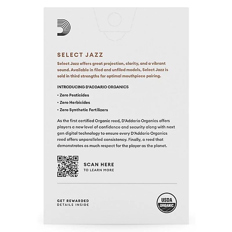 D'Addario Woodwinds Select Jazz Alto Saxophone Unfiled Organic Reeds Box of 10