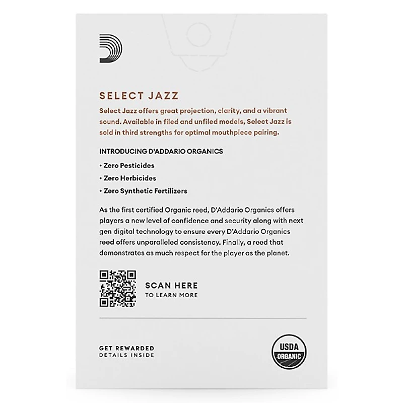 D'Addario Woodwinds Select Jazz Alto Saxophone Unfiled Organic Reeds Box of 10