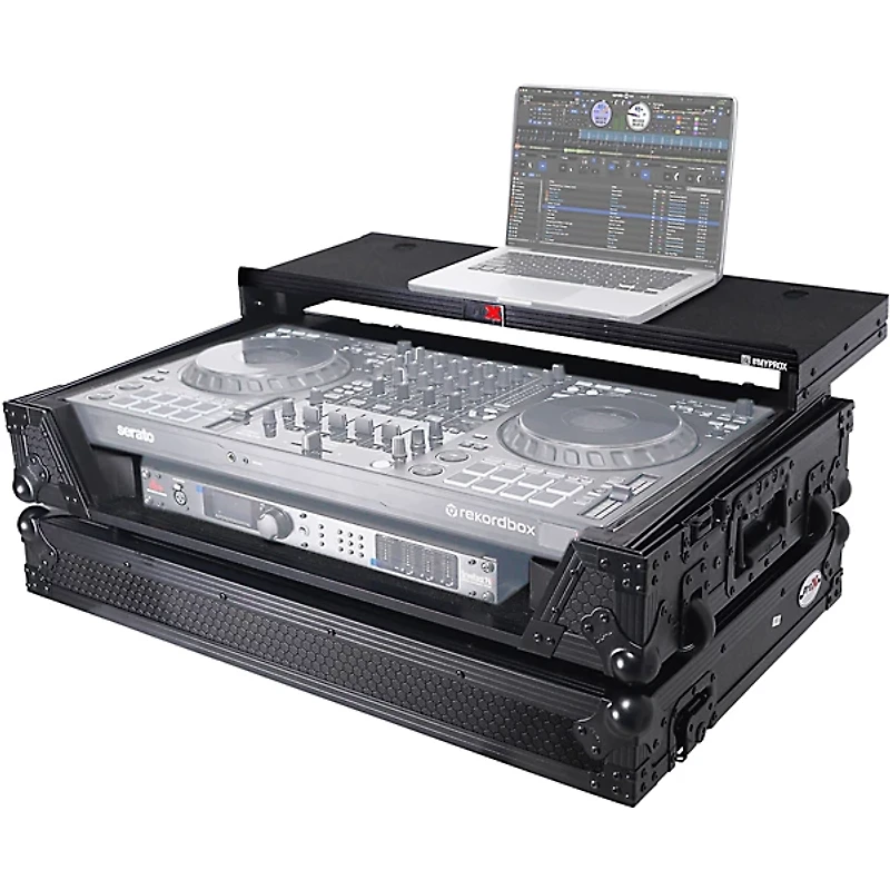 ProX Flight Style Road Case Fits Pioneer DDJ-FLX10 and AlphaTheta DDJ-GRV6, Black on Black With Sliding Laptop Shelf & Wheels Black
