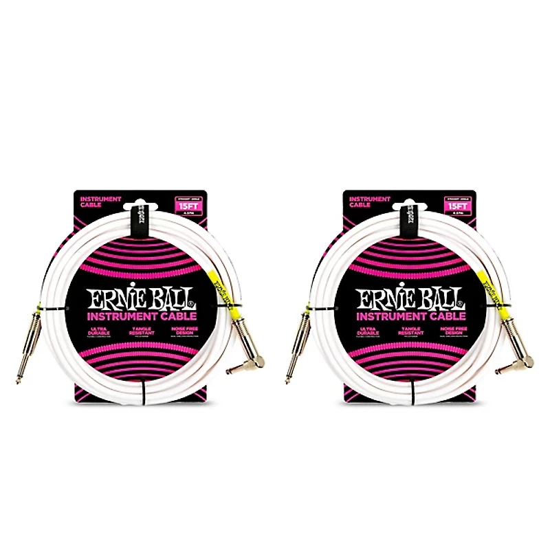 Ernie Ball Straight-Angle Instrument Cable, White 2-Pack 15 ft.