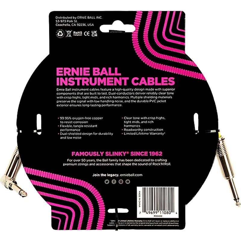 Ernie Ball Straight-Angle Instrument Cable, White 2-Pack 15 ft.