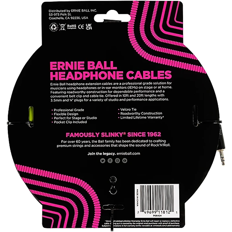 Ernie Ball Headphone Extension Cable 3.5mm to 3.5mm