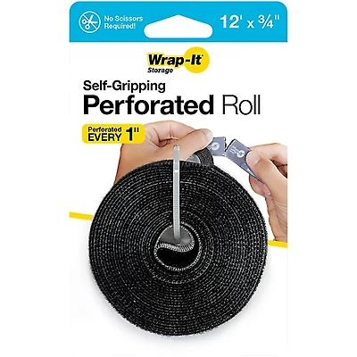 Wrap-It Storage Straps Self-Gripping Perforated Roll - 12' x 0.75" - Perforated Hook and Loop Roll Black