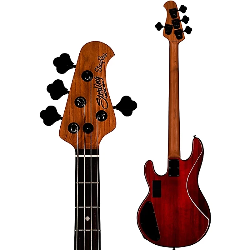 Sterling by Music Man StingRay RAY34 HH Spalted Maple Top Bass Blood Orange Burst