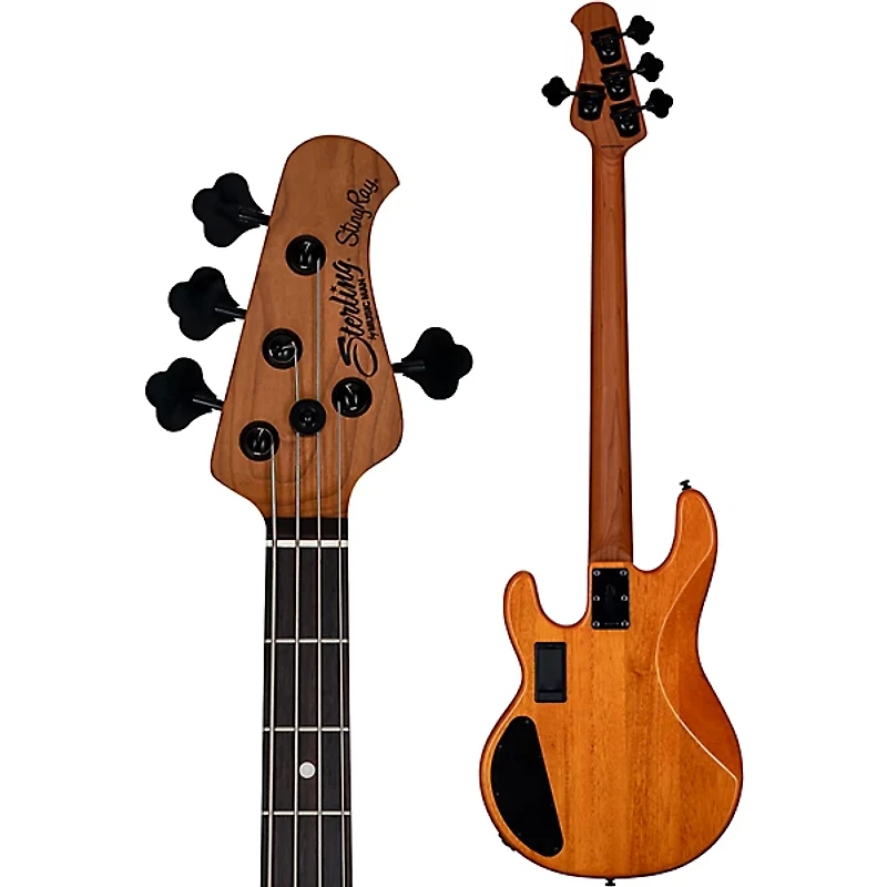 Sterling by Music Man StingRay RAY34 HH Poplar Burl Top Bass Guitar - Amber