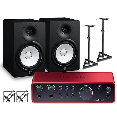 Focusrite Scarlett 2i2 4th Gen With Yamaha HS Studio Monitor Pair Bundle (Stands & Cables Included) -