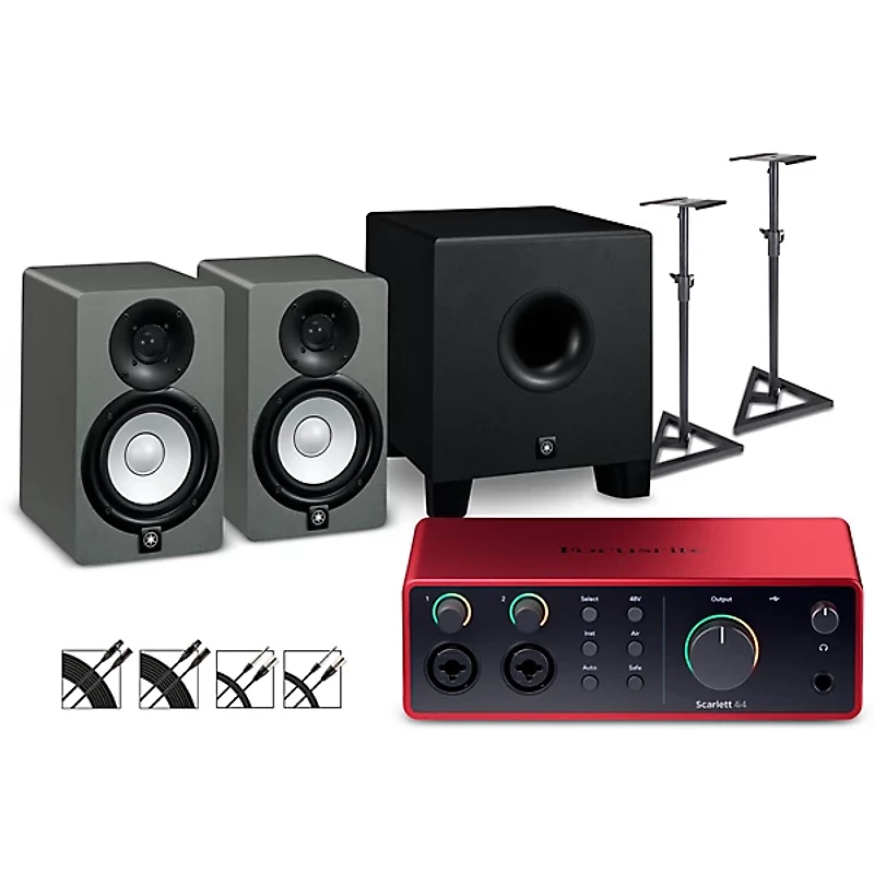 Focusrite Scarlett 4i4 4th Gen With Yamaha HS Studio Monitor Pair & HS8S Subwoofer Bundle (Stands & Cables Included