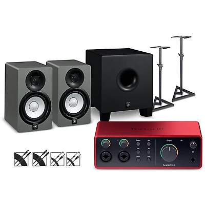 Focusrite Scarlett 4i4 4th Gen With Yamaha HS Studio Monitor Pair & HS8S Subwoofer Bundle (Stands & Cables Included