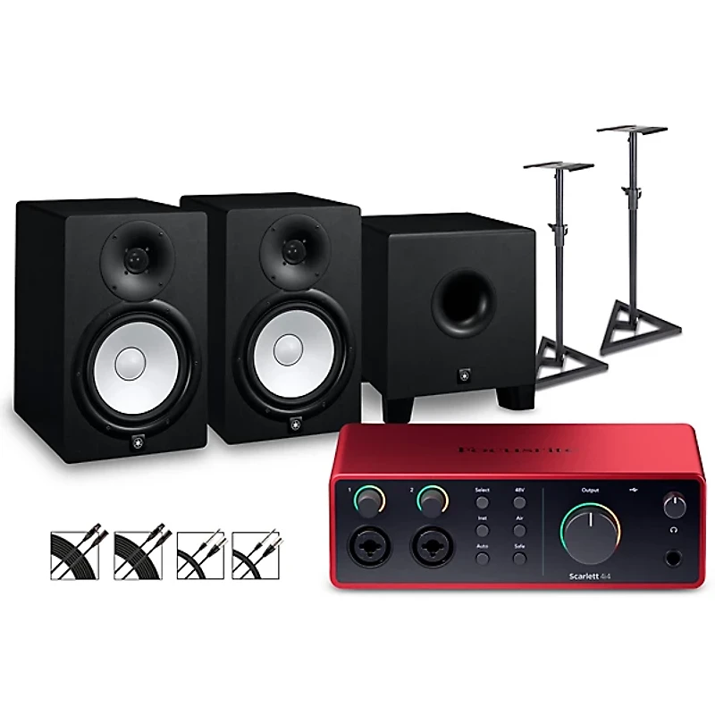 Focusrite Scarlett 4i4 4th Gen With Yamaha HS Studio Monitor Pair & HS8S Subwoofer Bundle (Stands & Cables Included) -