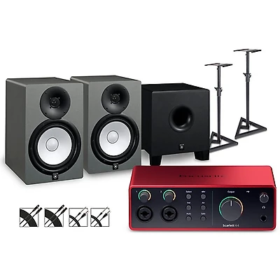 Focusrite Scarlett 4i4 4th Gen With Yamaha HS Studio Monitor Pair & HS8S Subwoofer Bundle (Stands & Cables Included