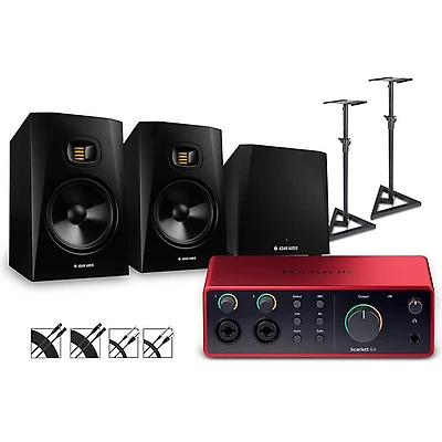 Focusrite Scarlett 4i4 4th Gen With Adam Audio T-Series Studio Monitor Pair & T10S Subwoofer Bundle (Stands & Cables Included) -