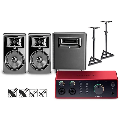 Focusrite Scarlett 4i4 4th Gen With JBL 3 Series Studio Monitor Pair & LSR Subwoofer Bundle (Stands & Cables Included)