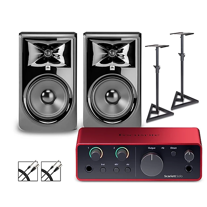 Focusrite Scarlett Solo 4th Gen With JBL 3 Series Studio Monitor Pair Bundle (Stands & Cables Included)