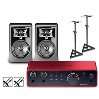 Focusrite Scarlett 2i2 4th Gen With JBL 3 Series Studio Monitor Pair Bundle (Stands & Cables Included)