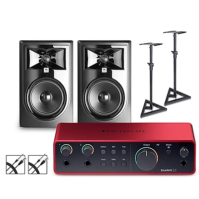 Focusrite Scarlett 2i2 4th Gen With JBL 3 Series Studio Monitor Pair Bundle (Stands & Cables Included)