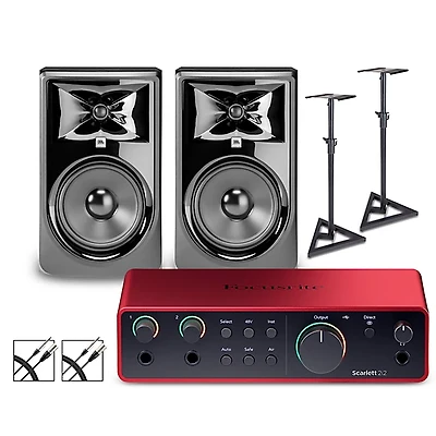 Focusrite Scarlett 2i2 4th Gen With JBL 3 Series Studio Monitor Pair Bundle (Stands & Cables Included)