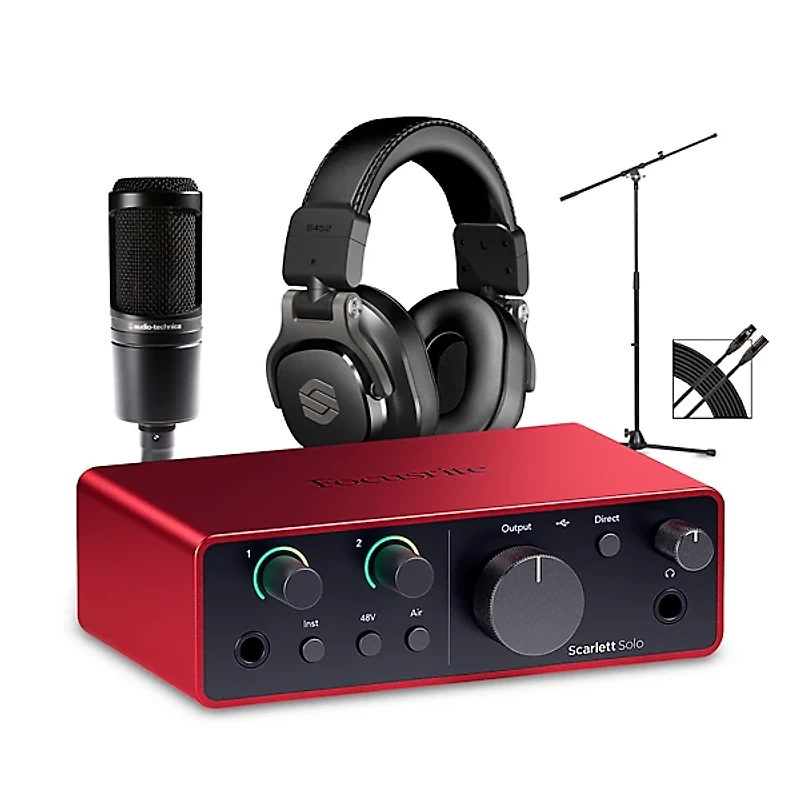 Focusrite Scarlett Solo Gen 4 Audio Interface Bundle With Audio-Technica Mic & Sterling Studio Headphone (Stand & Cable Included)