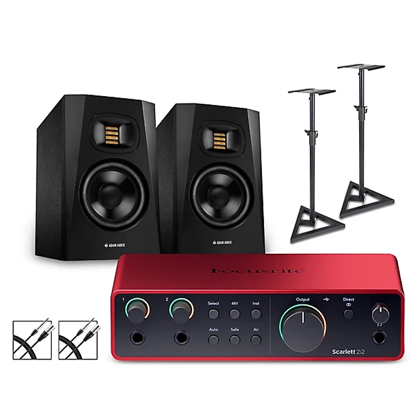 Focusrite Scarlett 2i2 4th Gen With Adam Audio T-Series Studio Monitors (Stands & Cables Included)