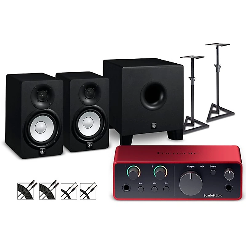 Focusrite Scarlett Solo 4th Gen With Yamaha HS Studio Monitor Pair & HS8S Subwoofer Bundle (Stands & Cables Included