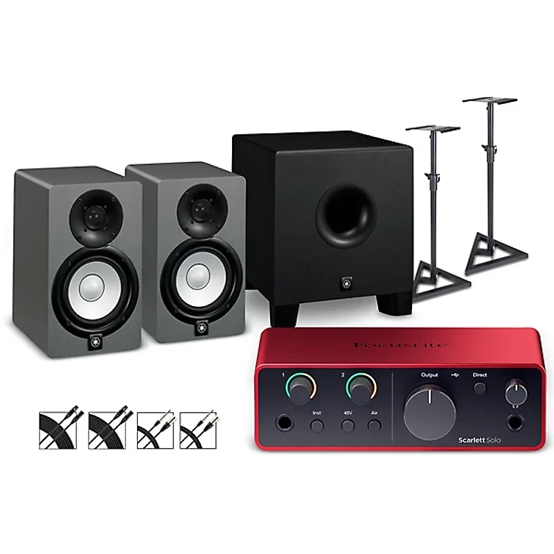 Focusrite Scarlett Solo 4th Gen With Yamaha HS Studio Monitor Pair & HS8S Subwoofer Bundle (Stands & Cables Included