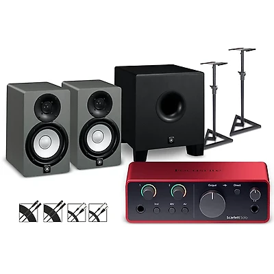 Focusrite Scarlett Solo 4th Gen With Yamaha HS Studio Monitor Pair & HS8S Subwoofer Bundle (Stands & Cables Included