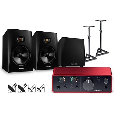 Focusrite Scarlett Solo 4th Gen With Adam Audio T-Series Studio Monitor Pair & T10S Subwoofer Bundle (Stands & Cables Included