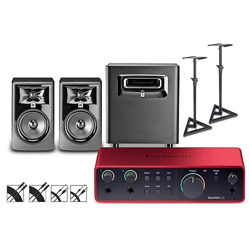 Focusrite Scarlett 2i2 4th Gen With JBL 3 Series Studio Monitor Pair & LSR Subwoofer Bundle With Stands & Cables Included