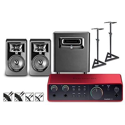 Focusrite Scarlett 2i2 4th Gen With JBL 3 Series Studio Monitor Pair & LSR Subwoofer Bundle With Stands & Cables Included