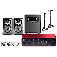 Focusrite Scarlett 2i2 4th Gen With JBL 3 Series Studio Monitor Pair & LSR Subwoofer Bundle With Stands & Cables Included