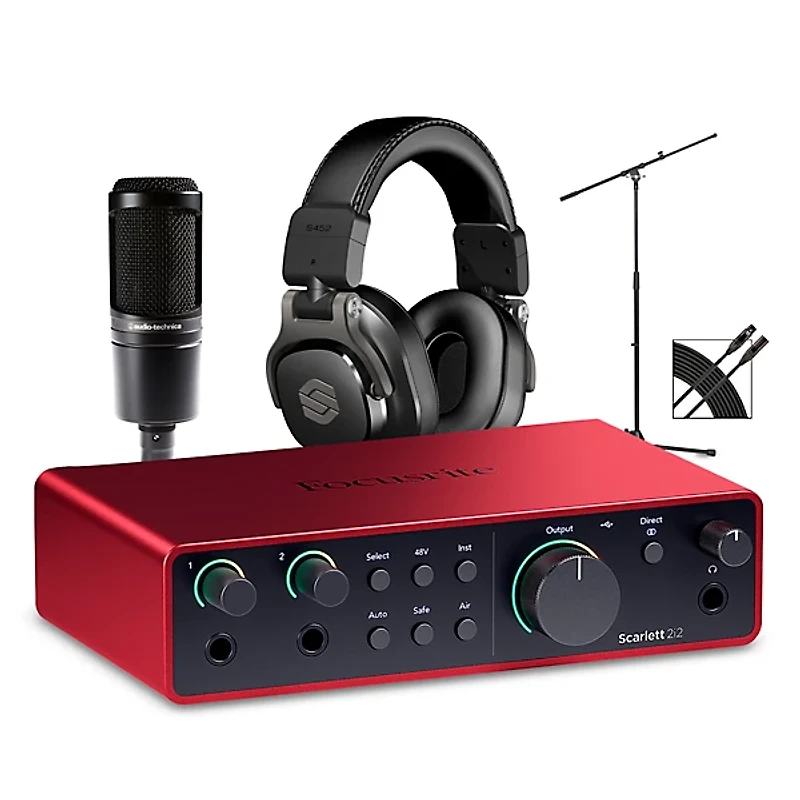 Focusrite Scarlett 2i2 Gen 4 With Audio-Technica Microphone & Sterling Studio Headphone Package (Stand & Cable Included)
