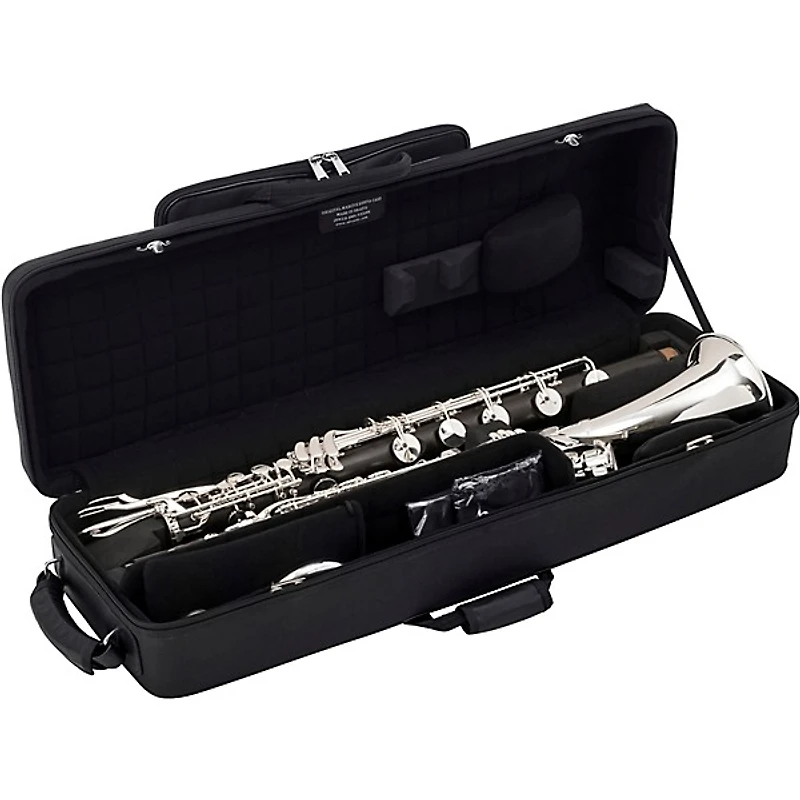 Backun Backun Q Series Low C Bass Clarinet in Cocobolo with Gold Plated Posts and Silver Plated Keys, 2-Piece Neck, Marcus Bonna Compact Case Silver Plated Keys Cocobolo Body