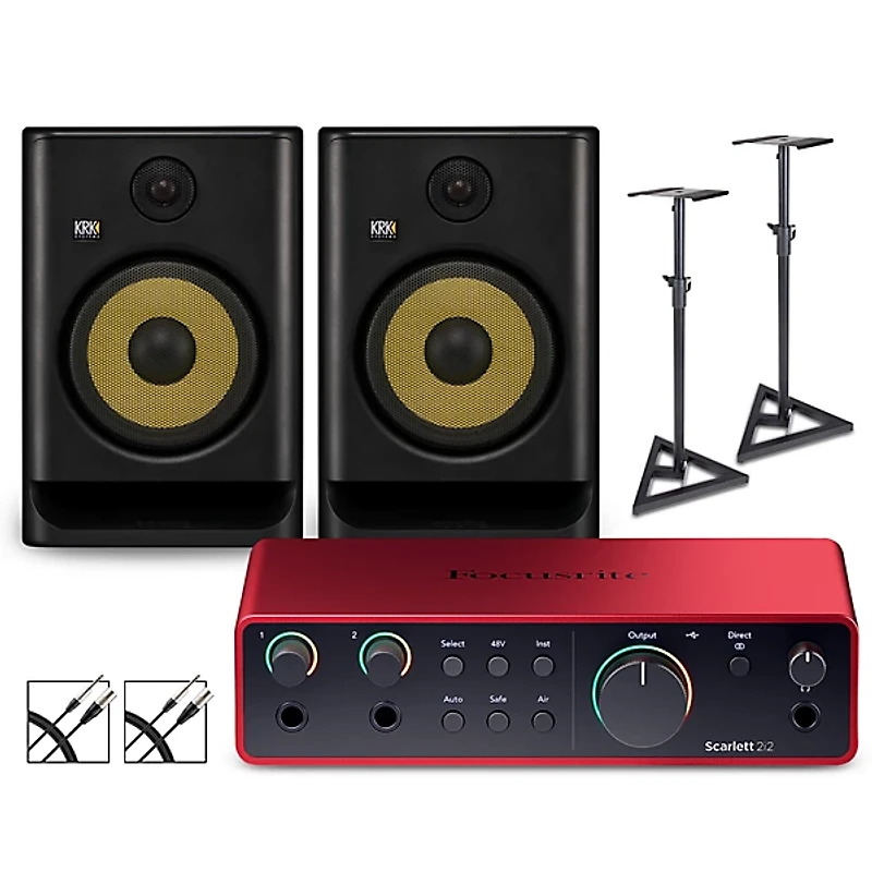 Focusrite 2i2 Gen 4 With KRK ROKIT G5 Studio Monitor Pair (Stands & Cables Included)