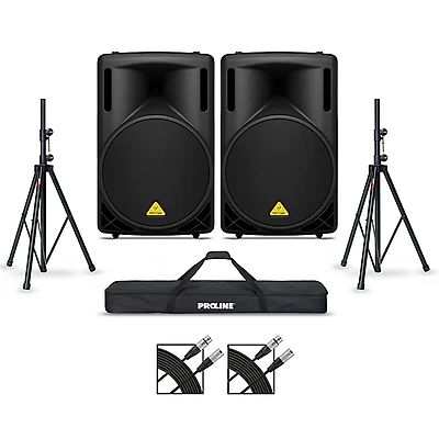 Behringer B215D 15" Powered Speaker Pair With Stands and Cables