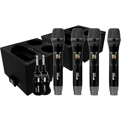Gemini UHF Quad Wireless Microphone System With Charging Docks for Transmitter & Microphone Batteries